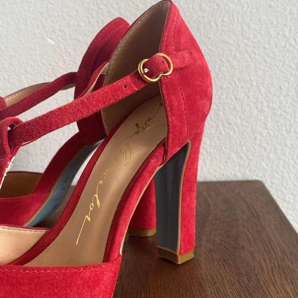 Luiza Barcelos Red Suede Blue Soled Strappy Heels, Brazil, Women’s 6 B